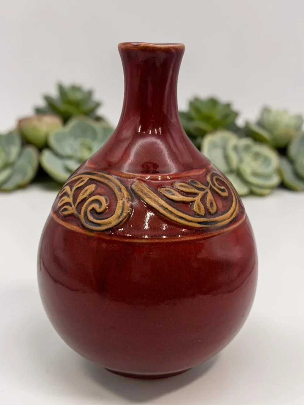 Vintage Red Glazed Pottery Bud Vase / Decorative Ceramic Vessel